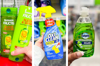 collage image of garnier hair care, oxiclean laundry stain remover, and dawn dish soap