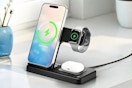 Lifestyle image of a wireless charging station being used to charge an iPhone and watch