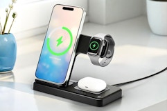 Lifestyle image of a wireless charging station being used to charge an iPhone and watch