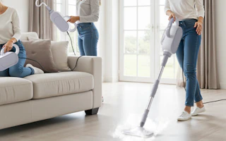 people steam cleaning the floor and couch