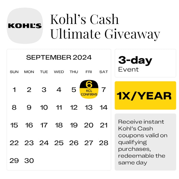 Kohl's Cash Ultimate Giveaway Sept. 6 8 Get Kohl's Cash to Use