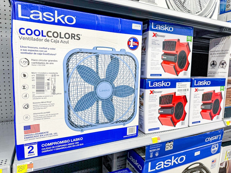 lasko box fan on a shelf