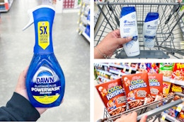 collage with dawn powerwash, head & shoulders, and cocoa krispies products
