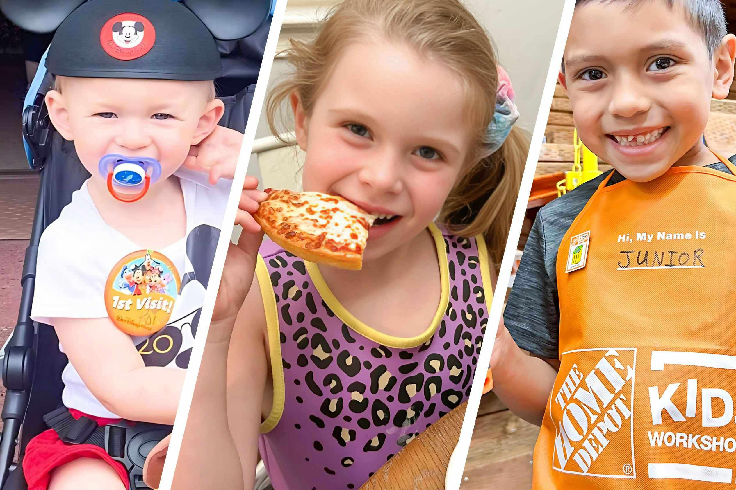 Three images for kids freebies, one at disneyworld, one eating pizza hut, one at home depot kids workshop 