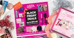 The Ulta Black Friday 2022 advertisement on a table with beauty products and ribbons