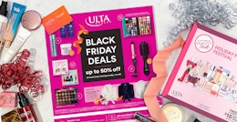 The Ulta Black Friday 2022 advertisement on a table with beauty products and ribbons