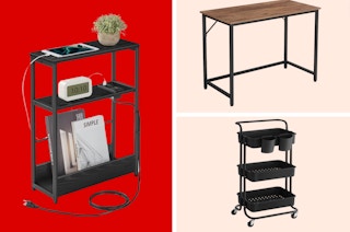 a red and pink collage with furniture prieces