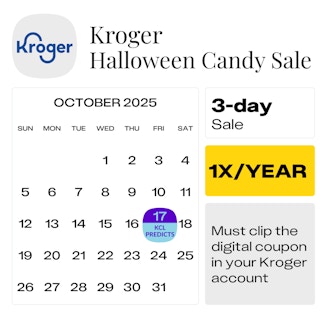 Calendar showing the predicted start date for the Kroger Halloween Candy Sale 2025 on Oct. 17.