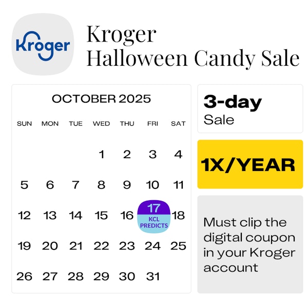 Calendar showing the predicted start date for the Kroger Halloween Candy Sale 2025 on Oct. 17.