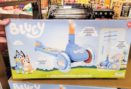 hand holding the edge of a bluey scooter box