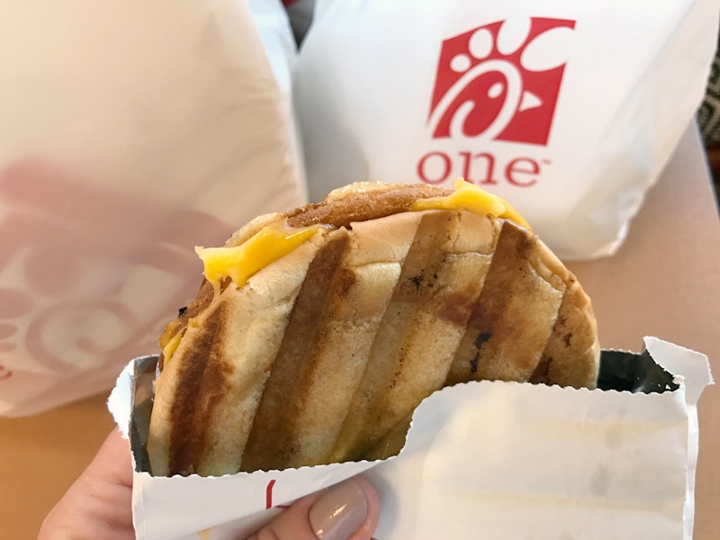 A close-up of a grilled cheese sandwich from Chick-fil-A.