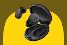  BIGOOD 45dB Ear Plugs for Sleeping 0.1oz Ultra-Comfy Noise Cancelling Ear Plugs on a yellow background.