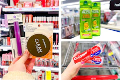 collage image of covergirl makeup, colgate toothpaste, and garnier shampoo