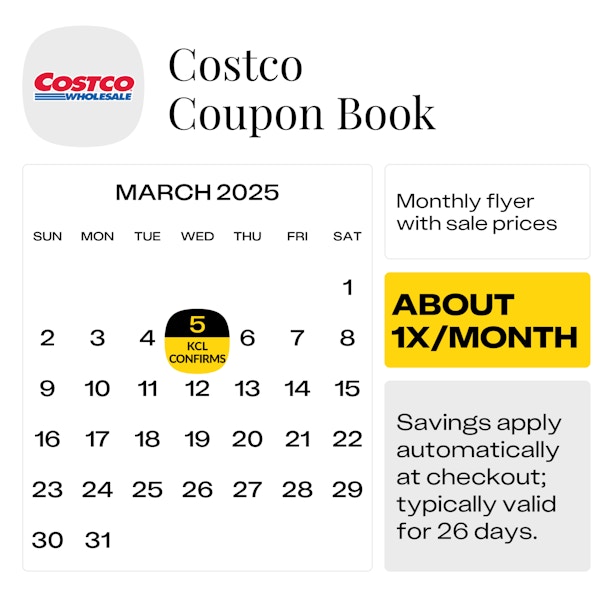 Calendar graphic showing that the March Costco Coupon Book deals start on March 5, 2025.