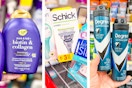 collage image of ogx shampoo, schick razors, and degree deodorant
