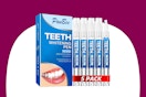Four teeth whitening pens and one desensitizing pen next to a box with a white smile printed on it.