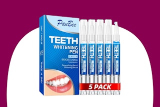Four teeth whitening pens and one desensitizing pen next to a box with a white smile printed on it.