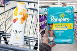 olay and pampers products in a collage 