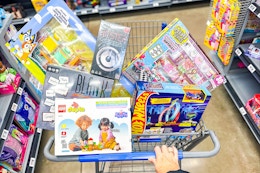 cart full of clearance toys at Walmart