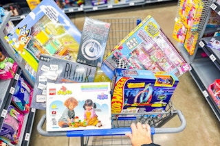 cart full of clearance toys at Walmart