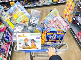 cart full of clearance toys at Walmart