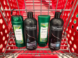 shampoo bottles in shopping cart