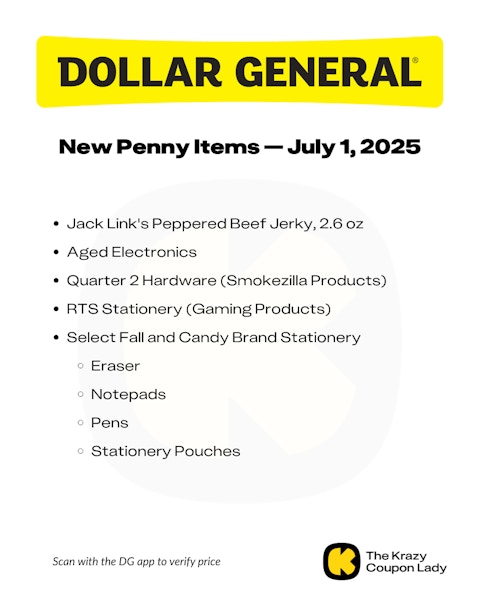 Graphic with Dollar General Penny List for July 1 2025