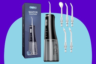 Onlyone Water Dental Flosser Black on a blue background.