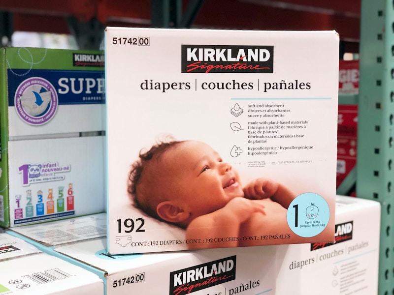 a box of kirkland signature diapers in size 1 on the shelf at costco