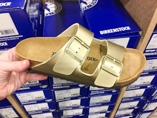 gold gilt leather birkenstock sandal in store