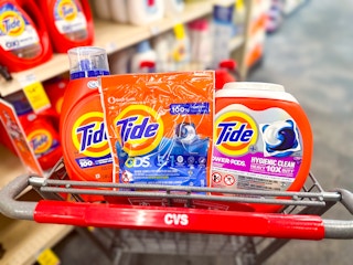 one Tide detergent and two Tide Pod packs in cart