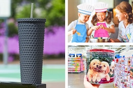 3 lifestyle image: textured tumbler, kids cooking set & Christmas popcorn tin