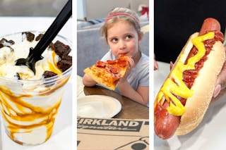 food items from the costco food court, sundae, pizza, and hotdog