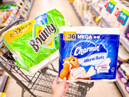 bounty and charmin paper products in a walgreens cart