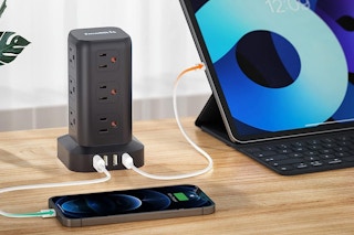 a power strip tower connected to electronics