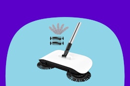 The bottom cleaning part of the wet-dry floor sweeper, which has brush wheels extending out. Replacement parts are next to it.