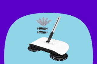 The bottom cleaning part of the wet-dry floor sweeper, which has brush wheels extending out. Replacement parts are next to it.