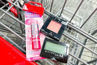 maybelline baby lips, eyeshadow, and blush in a cart