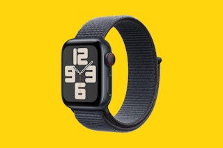 an apple watch on a yellow background