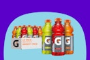 A 12-pack of 20-ounce Gatorade bottles in flavors lemon lime, fruit punch, and orange