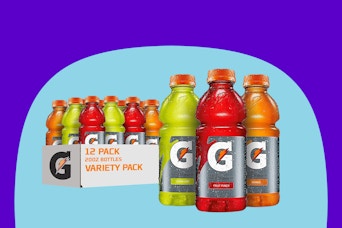 A 12-pack of 20-ounce Gatorade bottles in flavors lemon lime, fruit punch, and orange