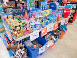 dg clearance items on table and floor