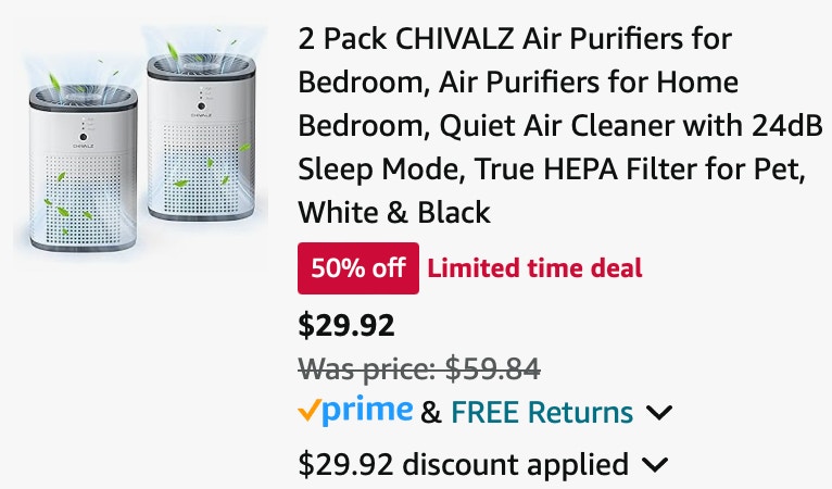 2 Pack CHIVALZ Air Purifiers for Bedroom, Air Purifiers for Home Bedroom