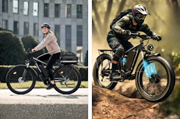 2 lifestyle images of adults riding electric bikes outside
