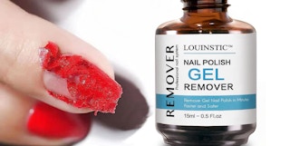 a bottle of gel nail polish remover solution next to a nail with crumbling nail polish