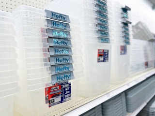 hefty hi-rise storage bins sitting on a target shelf