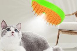 Rechargeable Silicone Steam Pet Brush, $8 on Amazon card image