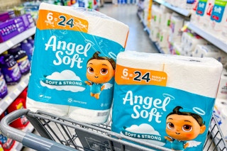 angel soft toilet paper packs in a walgreens shopping cart