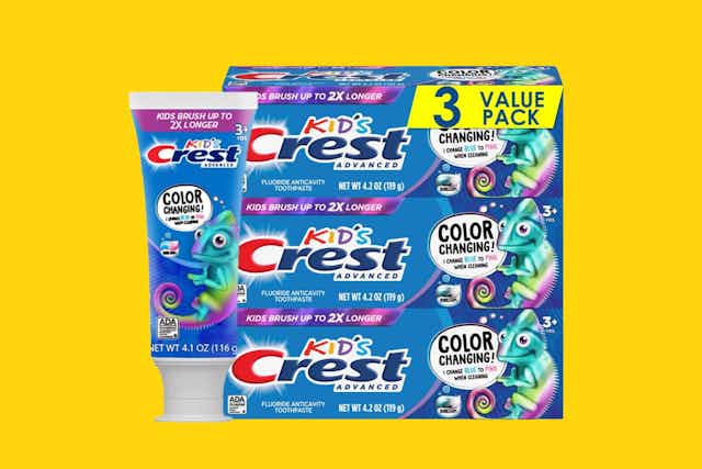 Crest Advanced Kid's Fluoride Toothpaste 3-Pack, Now as Low as $8 on Amazon card image