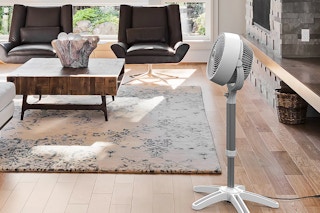a pedestal fan in a living room